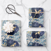 Motif damassé floral or et bleu vintage