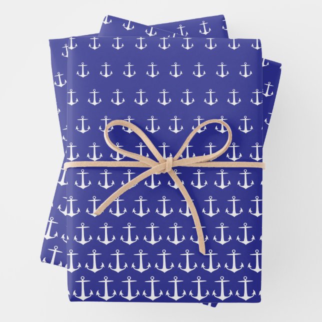 Feuille De Papier Cadeau Motif d'Ancre marine blanc et bleu personnalisé (En situation)