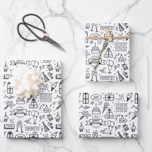 Feuille De Papier Cadeau Motif d'anniversaire monochrome (Recto)