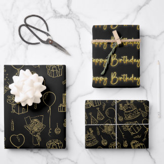 Feuille De Papier Cadeau Motif d'anniversaire noir/or