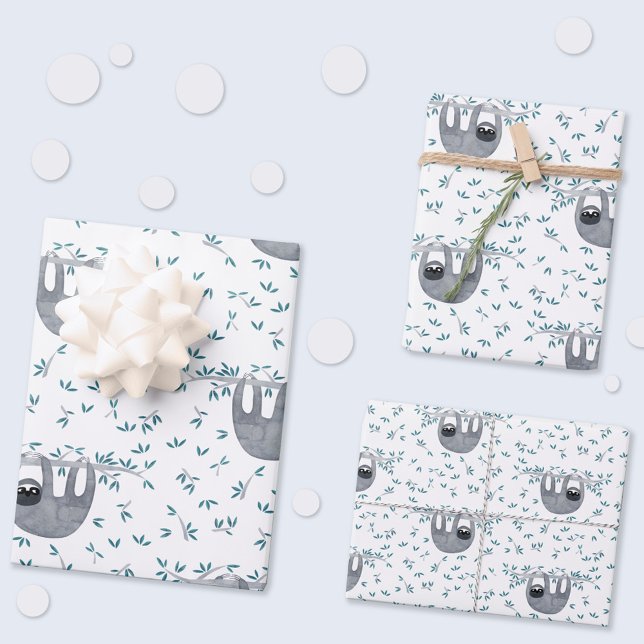 Feuille De Papier Cadeau Motif d'aquarelle à fentes mignonnes (Fun watercolor sloth gift wrapping paper sheets with three different scales of pattern)