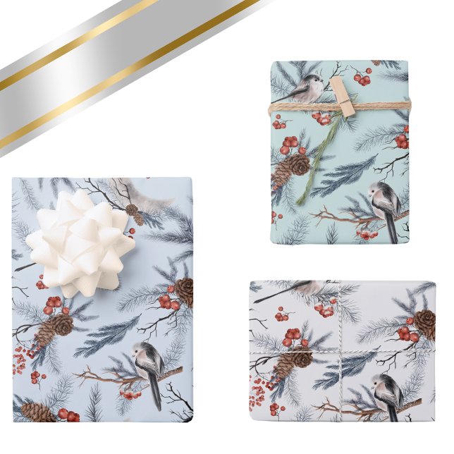Feuille De Papier Cadeau Motif d'aquarelle botanique du feuillage d'hiver (Birds Winter Foliage Wrapping Paper Sheets)