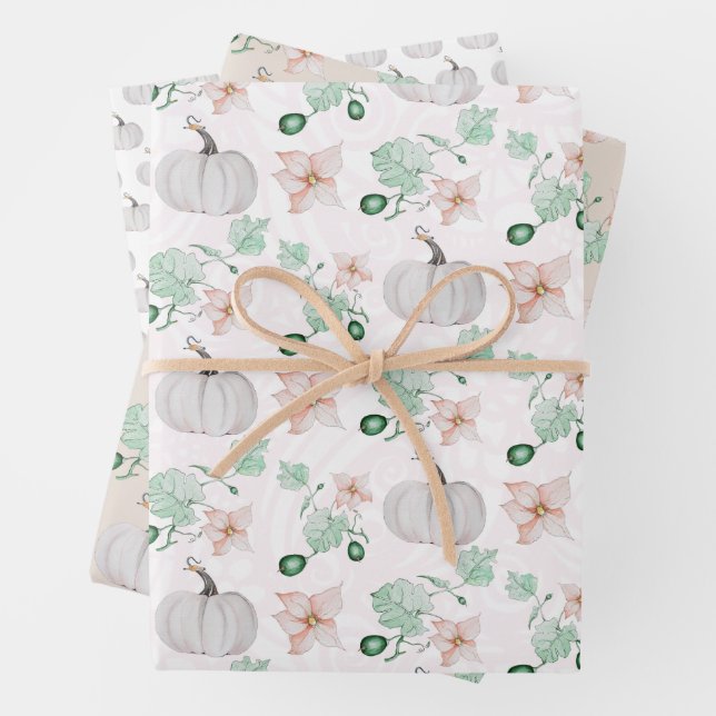 Feuille De Papier Cadeau Motif d'aquarelle Citrouille blanc (En situation)