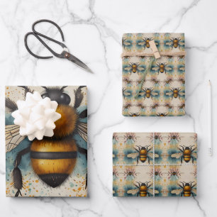 Feuille De Papier Cadeau Motif d'aquarelle d'abeille dynamique