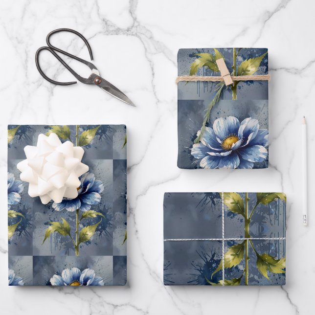 Feuille De Papier Cadeau Motif d'aquarelle de fleurs bleues (Recto)