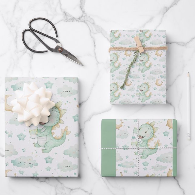 Feuille De Papier Cadeau Motif d'aquarelle Green Dragon Baby Pastel (Recto)