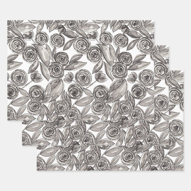 Feuille De Papier Cadeau Motif d'aquarelle moderne noir blanc (Lot)