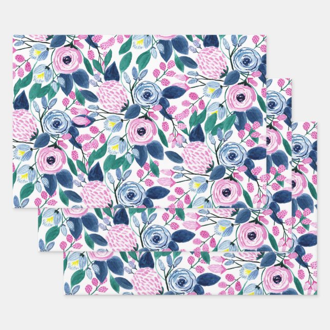 Feuille De Papier Cadeau Motif d'aquarelle Sweet Rose Navy Flowers (Lot)