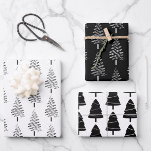 Feuille De Papier Cadeau Motif d'arbre de Noël noir et blanc