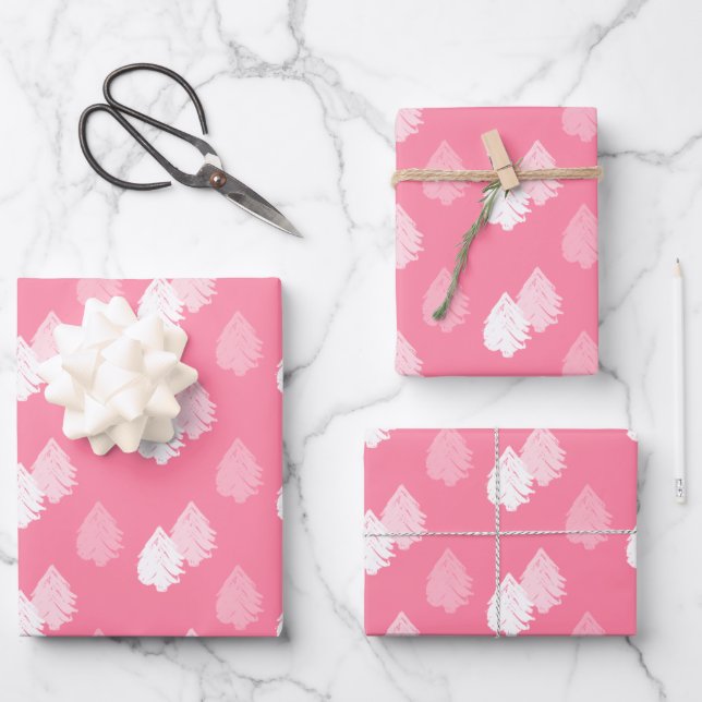 Feuille De Papier Cadeau Motif d'arbre de Noël rose blanc (Recto)