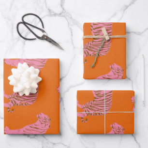 Feuille De Papier Cadeau Motif d'art de Cute Boho Orange et Tigre Rose