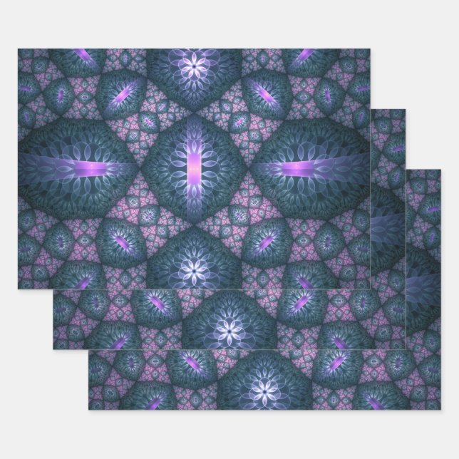 Feuille De Papier Cadeau motif d'art fractal 3D Turquoise violet rose (Lot)
