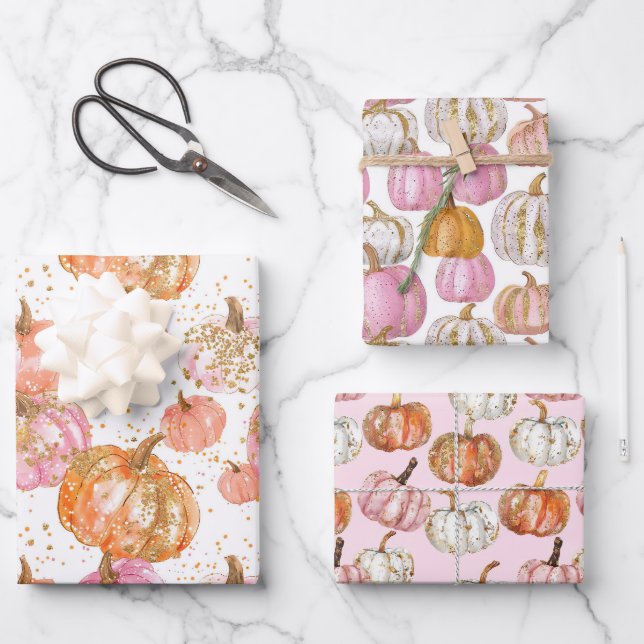 Feuille De Papier Cadeau Motif d'automne Citrouille aquarelle (Recto)