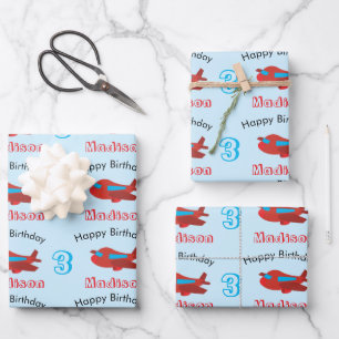 Feuille De Papier Cadeau Motif d'avion rouge et bleu Anniversaire Nom et âg