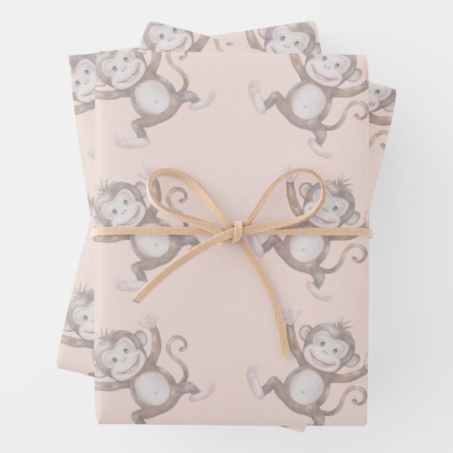 Feuille De Papier Cadeau Motif de baby shower de singe doux (En situation)