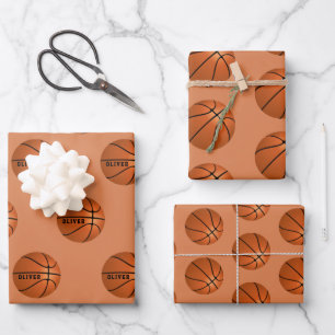 Feuille De Papier Cadeau Motif de ballon de basket-ball Enfants Nom Sports