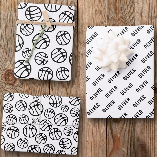Feuille De Papier Cadeau Motif de ballon de basket-ball noir et blanc Nom (Créateur téléchargé)