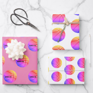 Feuille De Papier Cadeau Motif de ballon de basket-ball Rose Enfants Nom Sp