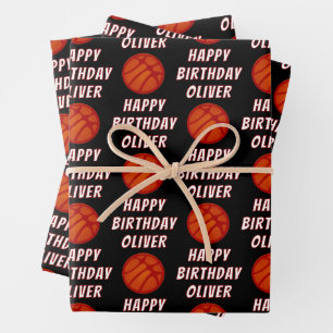 Feuille De Papier Cadeau Motif de ballon de basket-ball Sports Joyeux Anniv