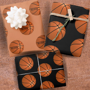 Feuille De Papier Cadeau Motif de ballon de basket Enfants Nom Anniversaire