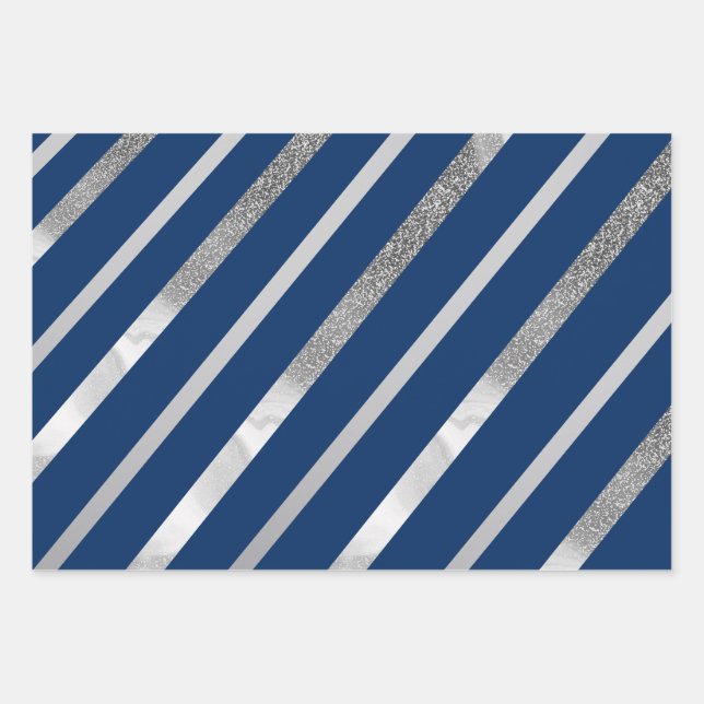 Feuille De Papier Cadeau Motif de bandes diagonales en argent et bleu (Devant)