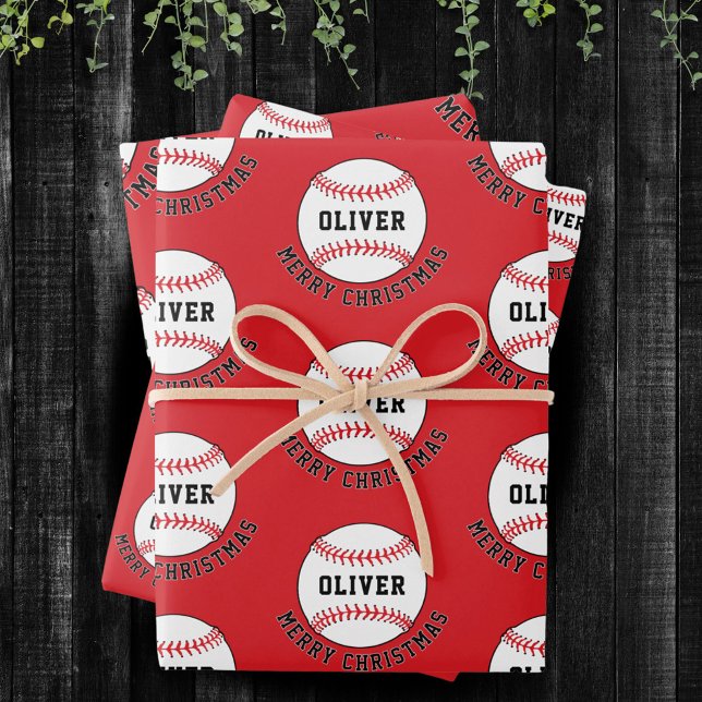 Feuille De Papier Cadeau Motif de baseball Ball Nom Joyeux Noël (Créateur téléchargé)