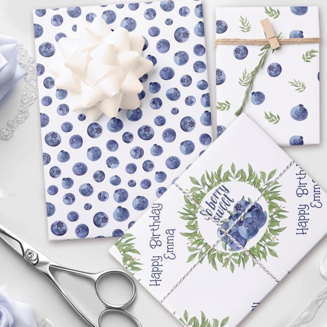 Feuille De Papier Cadeau Motif de bleuets d'aquarelle personnalisée (Personalized watercolor blueberries pattern wrapping paper sheets)