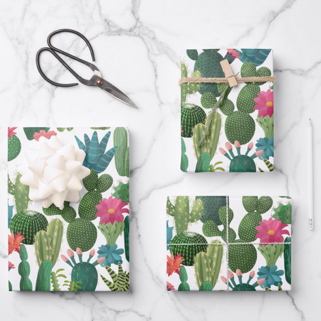 Feuille De Papier Cadeau Motif de cactus Turquoises verts en fleurs (Recto)