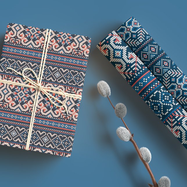 Feuille De Papier Cadeau Motif de chandail d'hiver bleu et bracelet scandin (Créateur téléchargé)