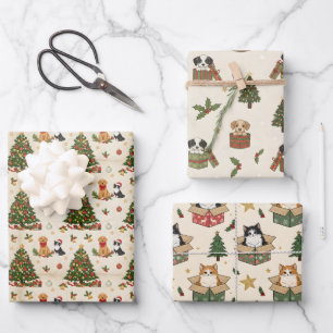 Feuille De Papier Cadeau Motif de chatons, chiots et sapins de Noël