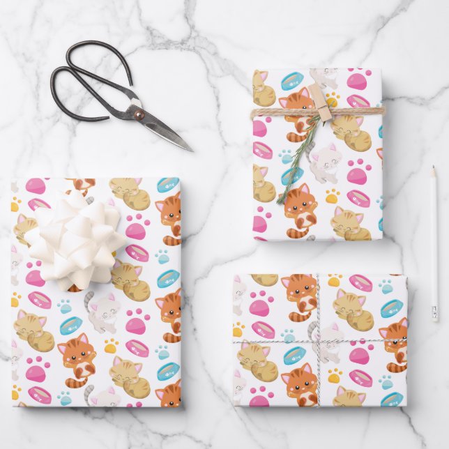 Feuille De Papier Cadeau Motif De Chats, Chats Mignons, Kitty, Chatons, Paw (Recto)
