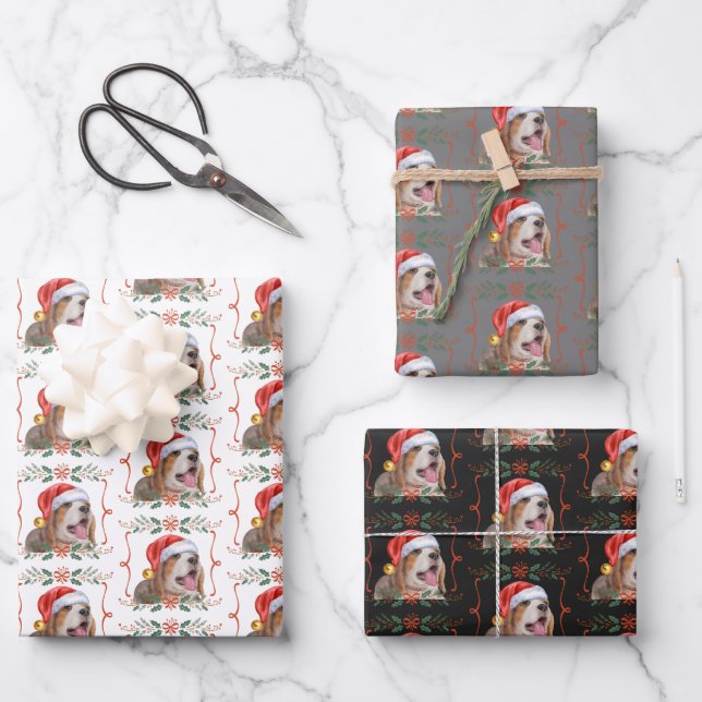 Feuille De Papier Cadeau Motif de chien de Noël beagle (Recto)