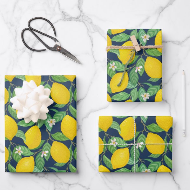 Feuille De Papier Cadeau Motif de citron bleu de la marine jaune (Recto)
