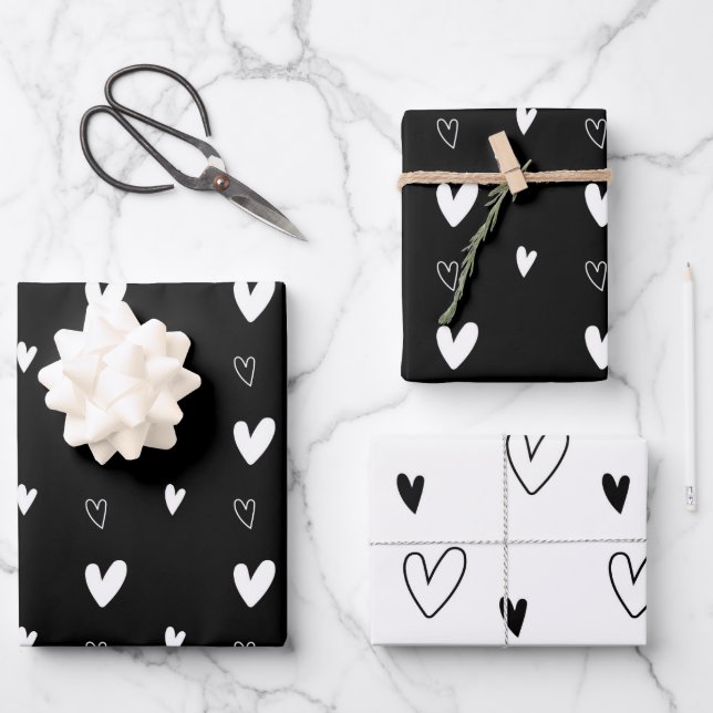 Feuille De Papier Cadeau Motif de coeur scandinave mignon noir et blanc (Recto)