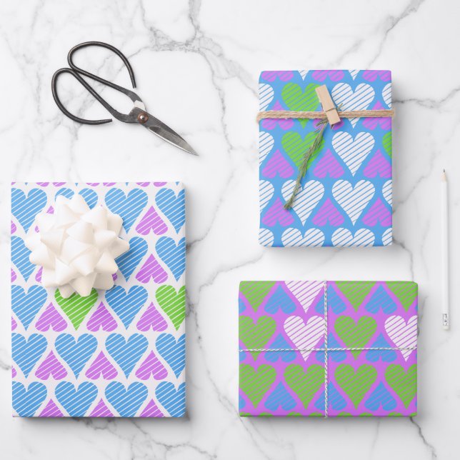 Feuille De Papier Cadeau Motif de cœurs bleu vert violet vibrant  (Recto)