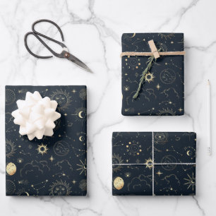 Feuille De Papier Cadeau Motif de constellation d'étoile d'or bleu minuit
