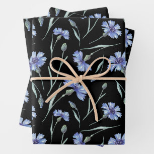 Feuille De Papier Cadeau Motif de Cornflower bleu Arrière - plan noir