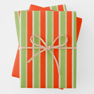 Feuille De Papier Cadeau Motif de cottage à rayures de campagne vert et ora