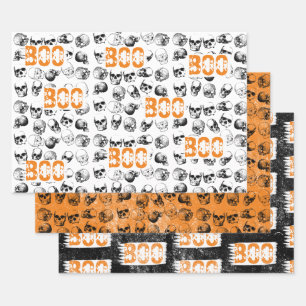 Feuille De Papier Cadeau Motif de crâne Éffrayant Orange Boo Halloween