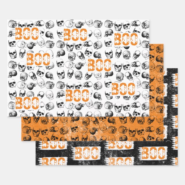 Feuille De Papier Cadeau Motif de crâne Éffrayant Orange Boo Halloween (Lot)