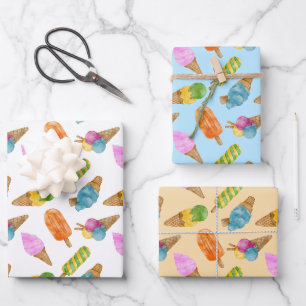 Feuille De Papier Cadeau Motif de crème glacée couleur dessinée à la main