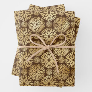 Feuille De Papier Cadeau Motif de Dahlias Brown et Gold élégant