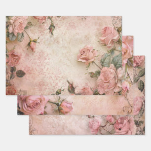 Feuille De Papier Cadeau Motif de découpage de Roses Vintages roses