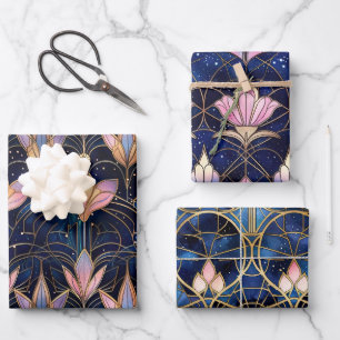 Feuille De Papier Cadeau Motif de faux vitrail élégant de lotus rose
