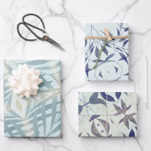 Feuille De Papier Cadeau Motif de feuillage bleu étincelant