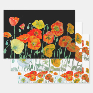 Feuille De Papier Cadeau Motif de fleur de pavot rouge orange aquarelle