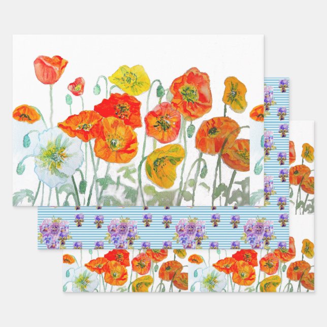Feuille De Papier Cadeau Motif de fleur de pavot rouge orange aquarelle (Lot)