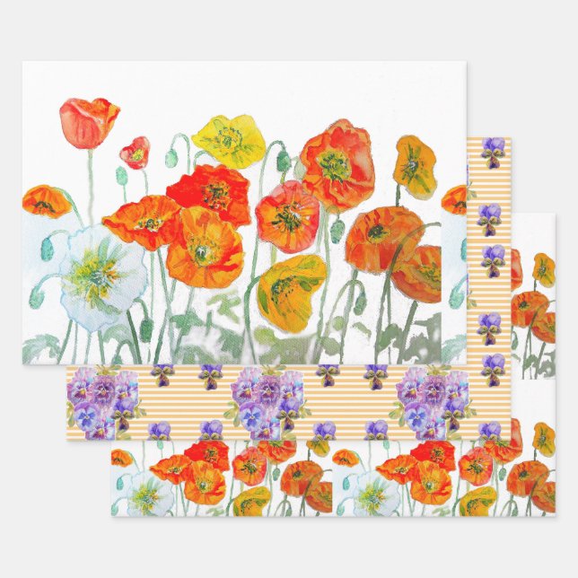 Feuille De Papier Cadeau Motif de fleur de pavot rouge orange aquarelle (Lot)