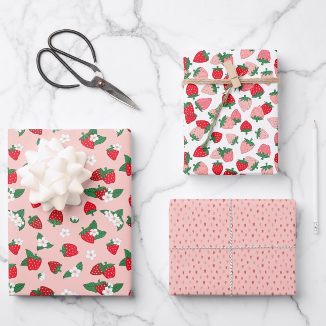 Feuille De Papier Cadeau Motif de fleurs blanches de fraises roses douces (Recto)