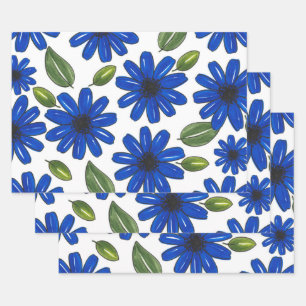 Feuille De Papier Cadeau Motif de fleurs bleues dessinées à la main
